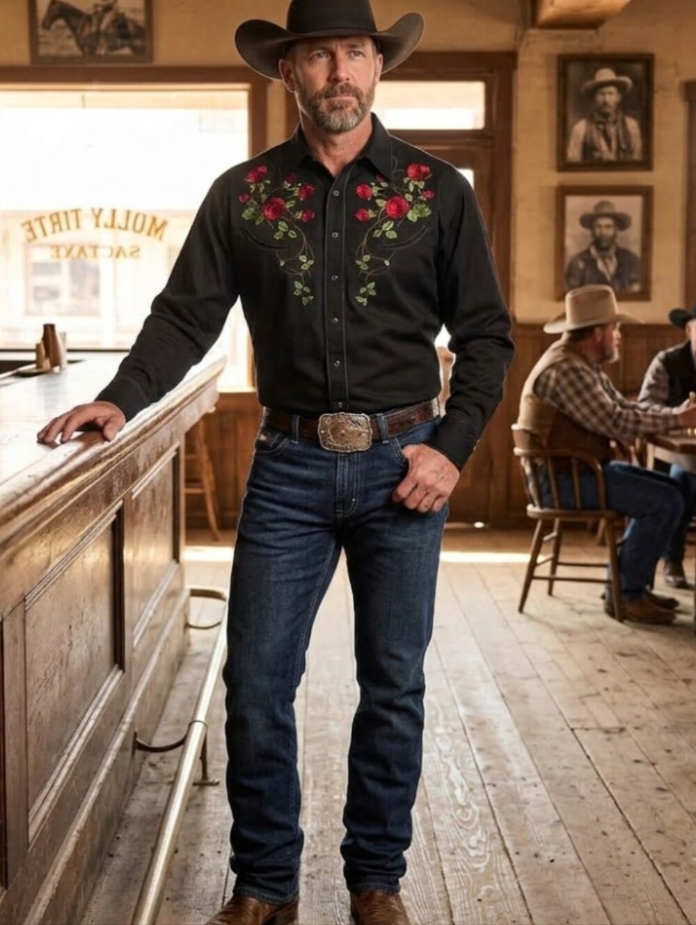 Roper Mens 2XL Black Western Pearl Snap Shirt Red Rose Floral Embroidery